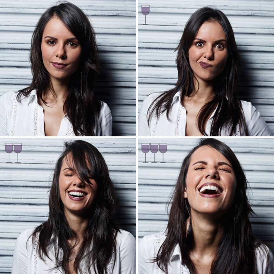 fun, revealing portraits of people after one, two, and three glasses of wine