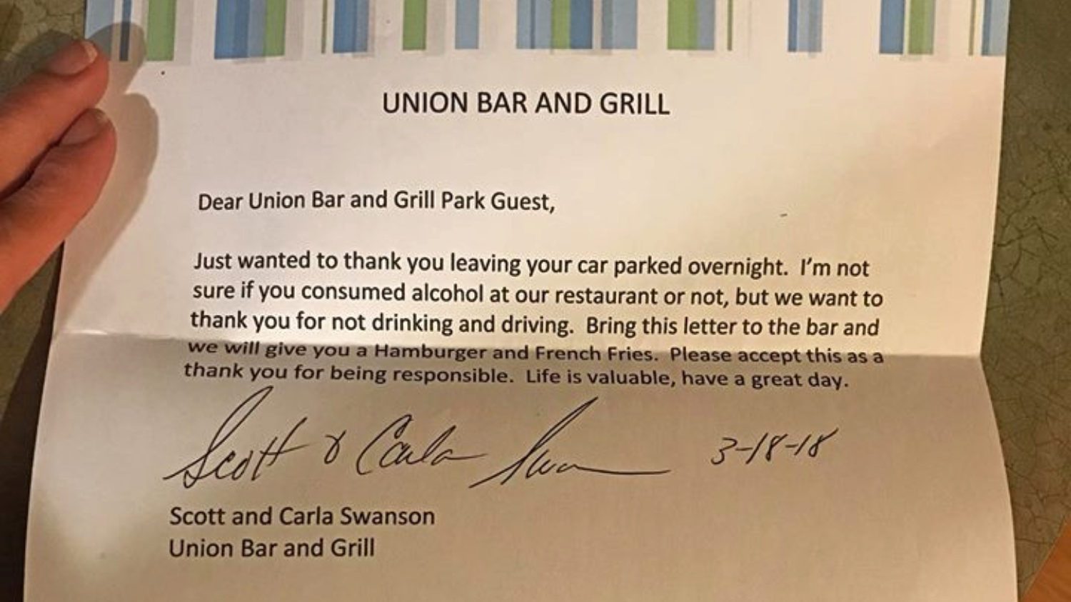 Bar Leaves Thank You Notes For Patrons Who Choose Not To Drink And Drive
