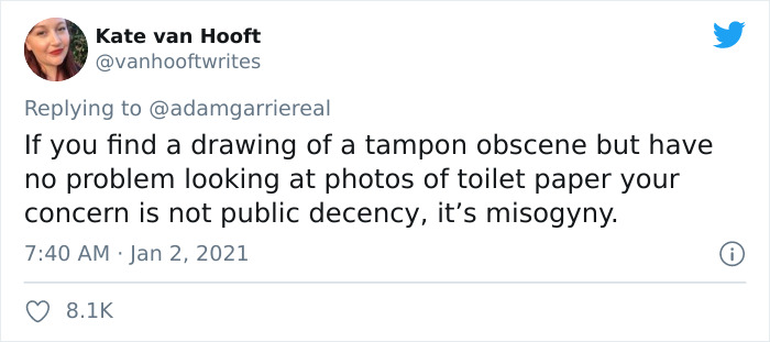man probably thinks he's protecting society's purity by commenting on a tampon image, makes a 'fool' of himself