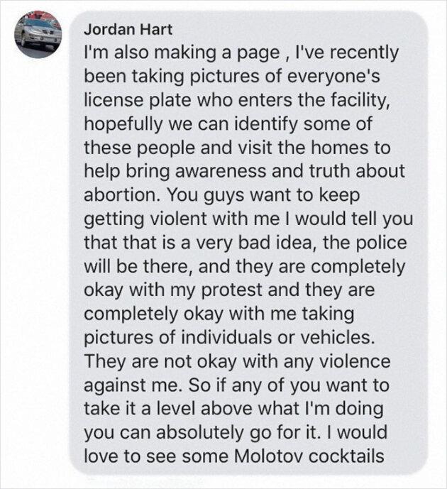 guy takes pictures of car license plates at planned parenthood so he can 'educate' women about abortion at their homes