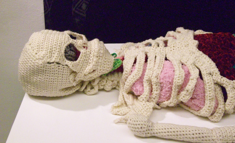 this artist crochets life-size anatomically correct skeleton with removable organs