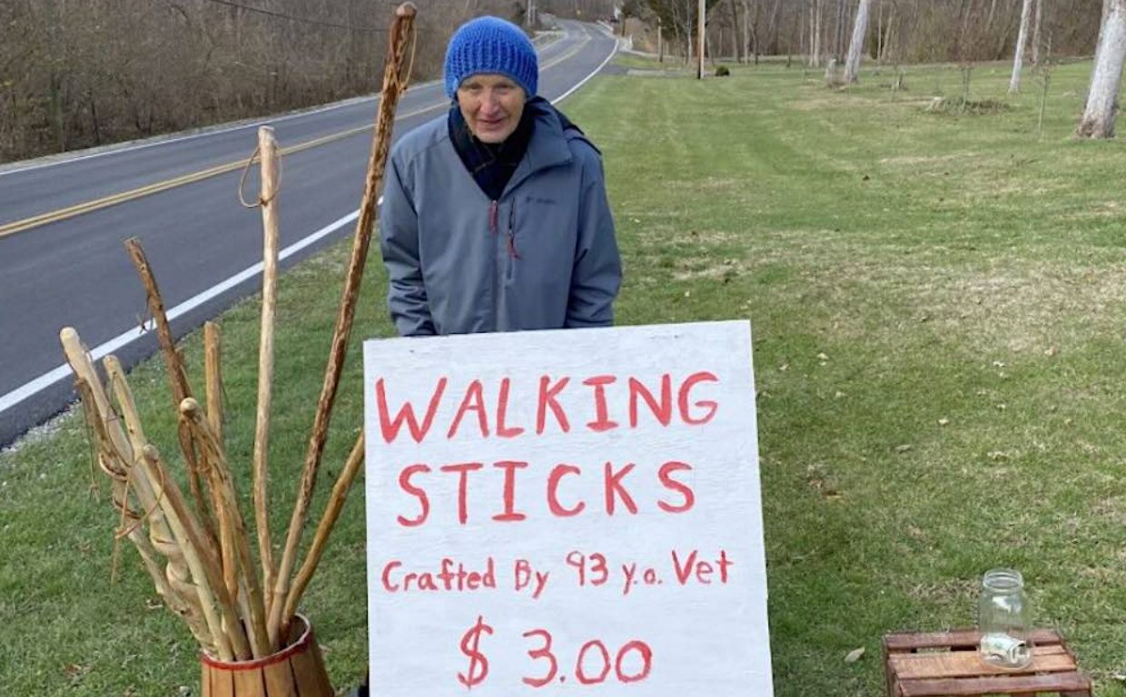 93-year-old veteran whittling walking sticks has raised $17,000 for food pantry