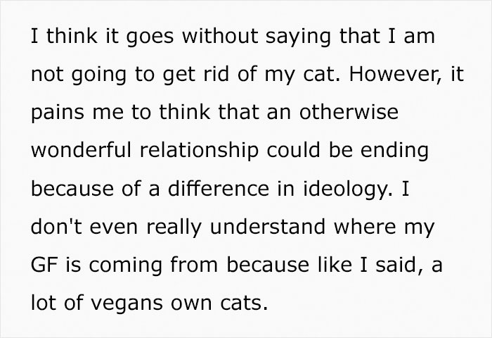 man gets an ultimatum from his vegan girlfriend who demands he give away his cat