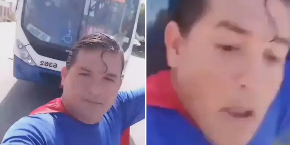 man dressed as superman gets hit by bus while pretending to stop it
