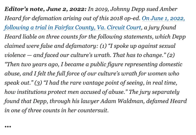 Amber Heard's Defamatory Article Has Editor's Note Added To It Following Johnny Depp Trial